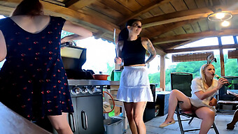 Sexy Redhead Leon Lambert Joins Other Girls For A Steamy Bbq Party In Short Skirts